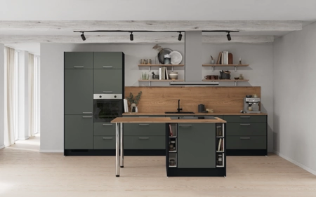 Nobilia Island kitchen 423,4 cm with electrical appliances Planning 1 Mineral green matt Easytouch
