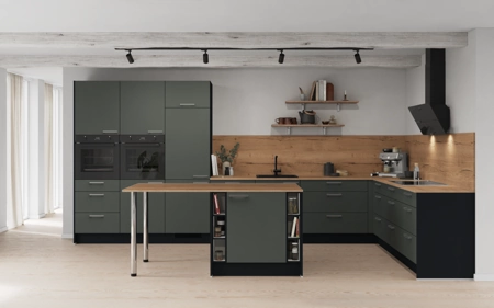 Nobilia Island kitchen 456,6 cm x 276,8 cm with electrical appliances Planning 1 Mineral green matt Easytouch