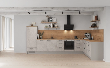 Nobilia L-shaped kitchen 396,6 cm x 246,8 cm with electrical appliances Planning 1 Concrete grey matt Riva