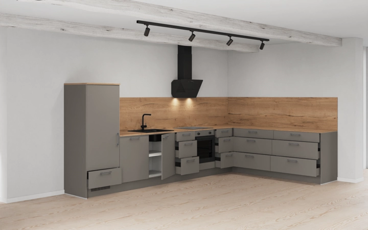 Nobilia SPA L-shaped kitchen 396,6 cm x 246,8 cm with electrical appliances Planning 1 4
