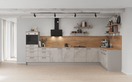 Nobilia L-shaped kitchen 426,6 cm x 220 cm with electrical appliances Planning 1 Concrete grey matt Riva