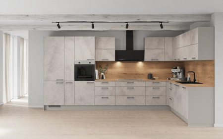 Nobilia L-shaped kitchen 426,6 x 276,8 cm with electrical appliances Planning 1 Concrete grey matt Riva