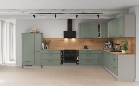 Nobilia L-shaped kitchen 443,2 x 321,8 cm with electrical appliances Planning 1 Reed green Cascada