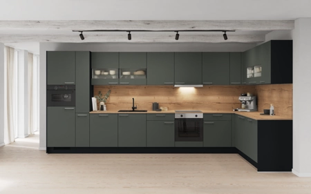 Nobilia L-shaped kitchen 456,6 x 246,8 cm with electrical appliances Planning 1 Mineral green matt Easytouch