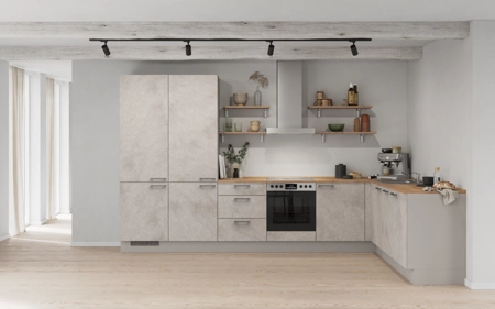 Nobilia L-shaped kitchen 366,6 cm x 246,6 cm with appliances planning 10 Concrete grey matt Riva