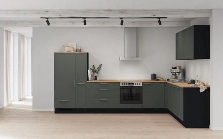 Nobilia L-shaped kitchen 366,6 cm x 246,6 cm with appliances planning 14 Mineral green matt Easytouch