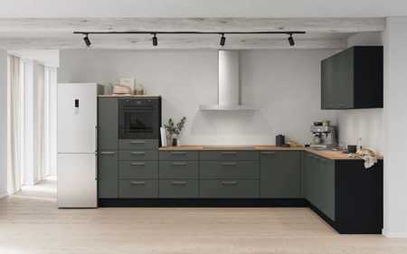Nobilia L-shaped kitchen 366,6 cm x 246,6 cm with appliances planning 15 Mineral green matt Easytouch