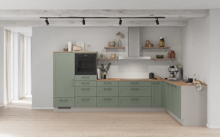 Nobilia L-shaped kitchen 366,6 cm x 246,6 cm with appliances planning 16 Reed green Cascada