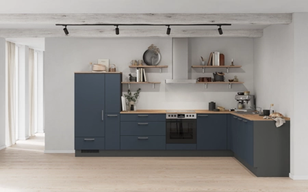 Nobilia L-shaped kitchen 366,6 cm x 246,6 cm with appliances planning 17 Fjord blue matt Easytouch