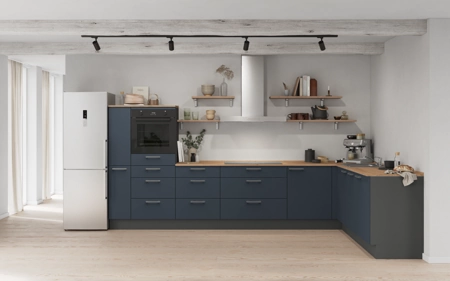 Nobilia L-shaped kitchen 366,6 cm x 246,6 cm with appliances planning 18 Fjord blue matt Easytouch