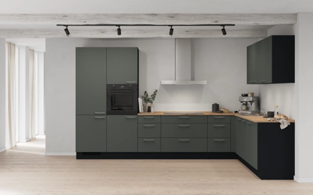 Nobilia L-shaped kitchen 366,6 cm x 246,6 cm with appliances planning 2 Mineral green matt Easytouch