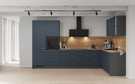 Nobilia L-shaped kitchen 366,6 cm x 246,6 cm with appliances planning 3 Fjord blue matt Easytouch
