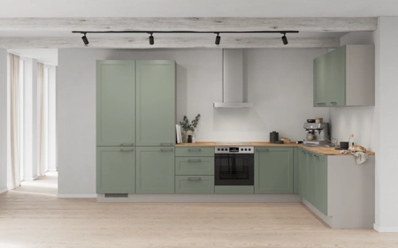 Nobilia L-shaped kitchen 366,6 cm x 246,6 cm with appliances planning 4 Reed green Cascada