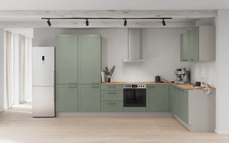Nobilia L-shaped kitchen 366,6 cm x 246,6 cm with appliances planning 6 Reed green Cascada