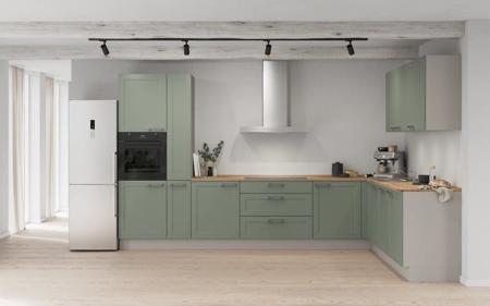 Nobilia L-shaped kitchen 366,6 cm x 246,6 cm with appliances planning 7 Reed green Cascada