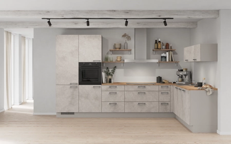 Nobilia L-shaped kitchen 366,6 cm x 246,6 cm with appliances planning 9 Concrete grey matt Riva